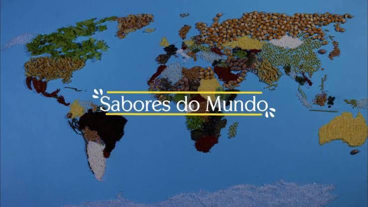notícia: Curitiba recebe mega festival gastronômico em março. Na foto, um mapa feito a partir de alimentos, simbolizando a comida tradicional de cada local do mundo. Cores: azul, verde, vermelho, amarelo, branco e preto.